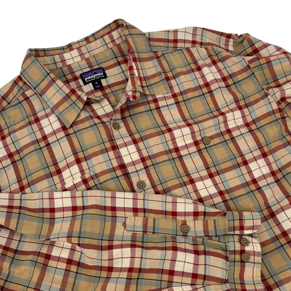 Patagonia Mens XL Organic Cotton Plaid Button Down Shirt Long Sleeve Tan Red
